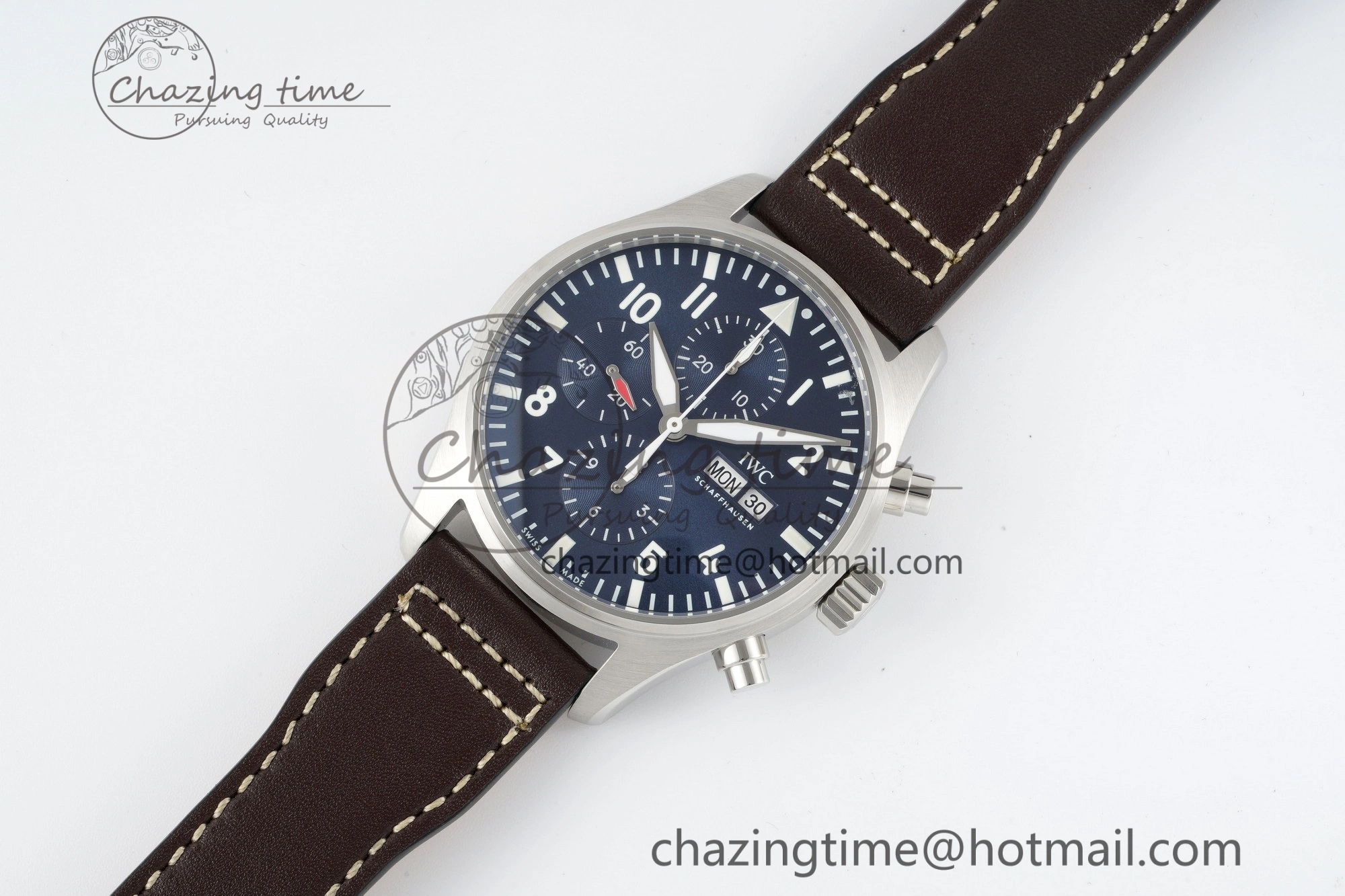 Pilot Chrono SS AZF 1:1 Best Edition Blue Dial on Brown Leather Strap A7750