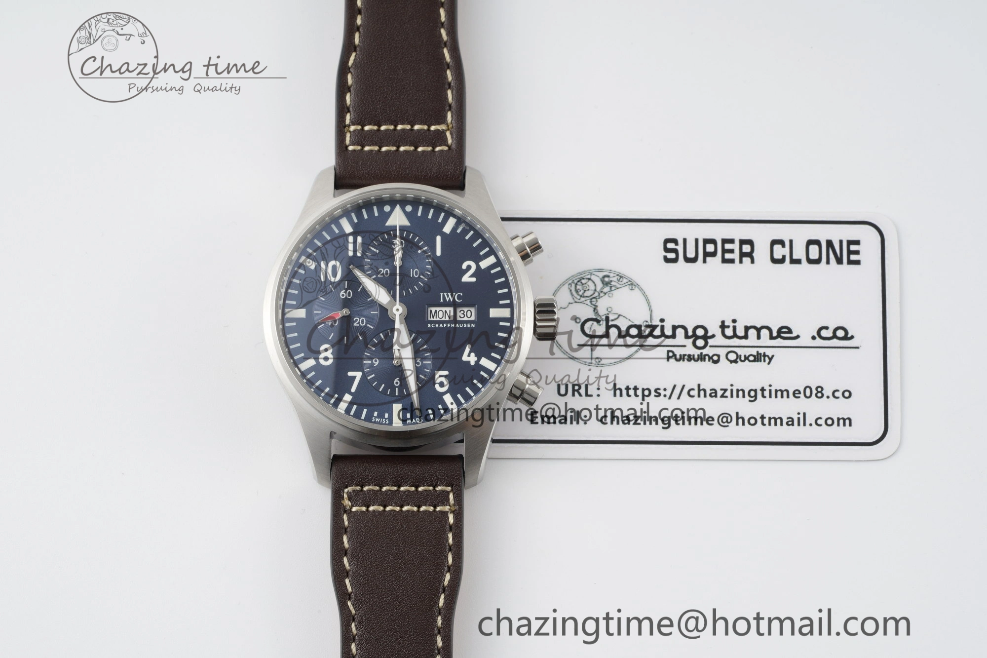 Pilot Chrono SS AZF 1:1 Best Edition Blue Dial on Brown Leather Strap A7750