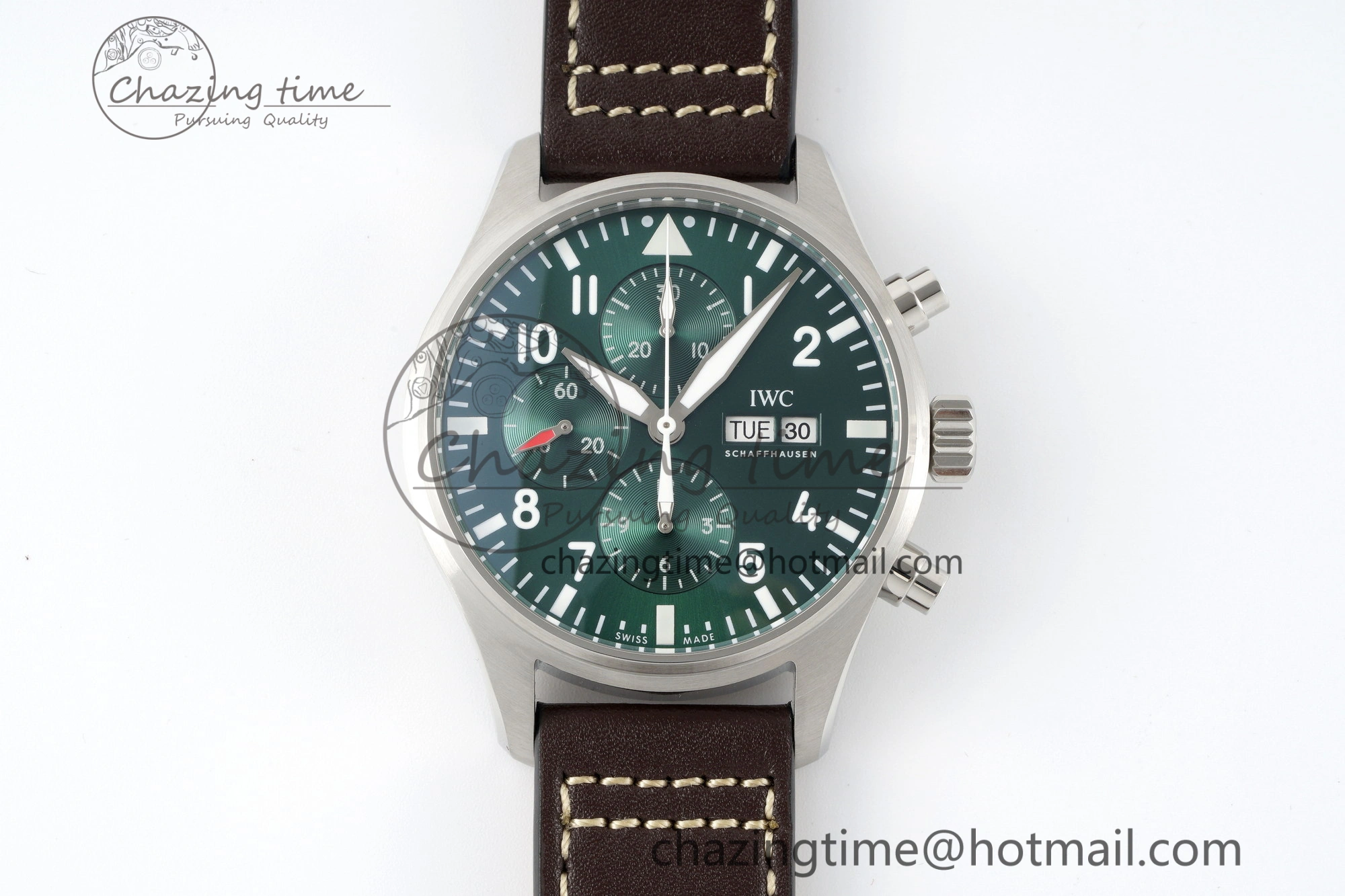 Pilot Chrono SS AZF 1:1 Best Edition Green Dial on Brown Leather Strap A7750
