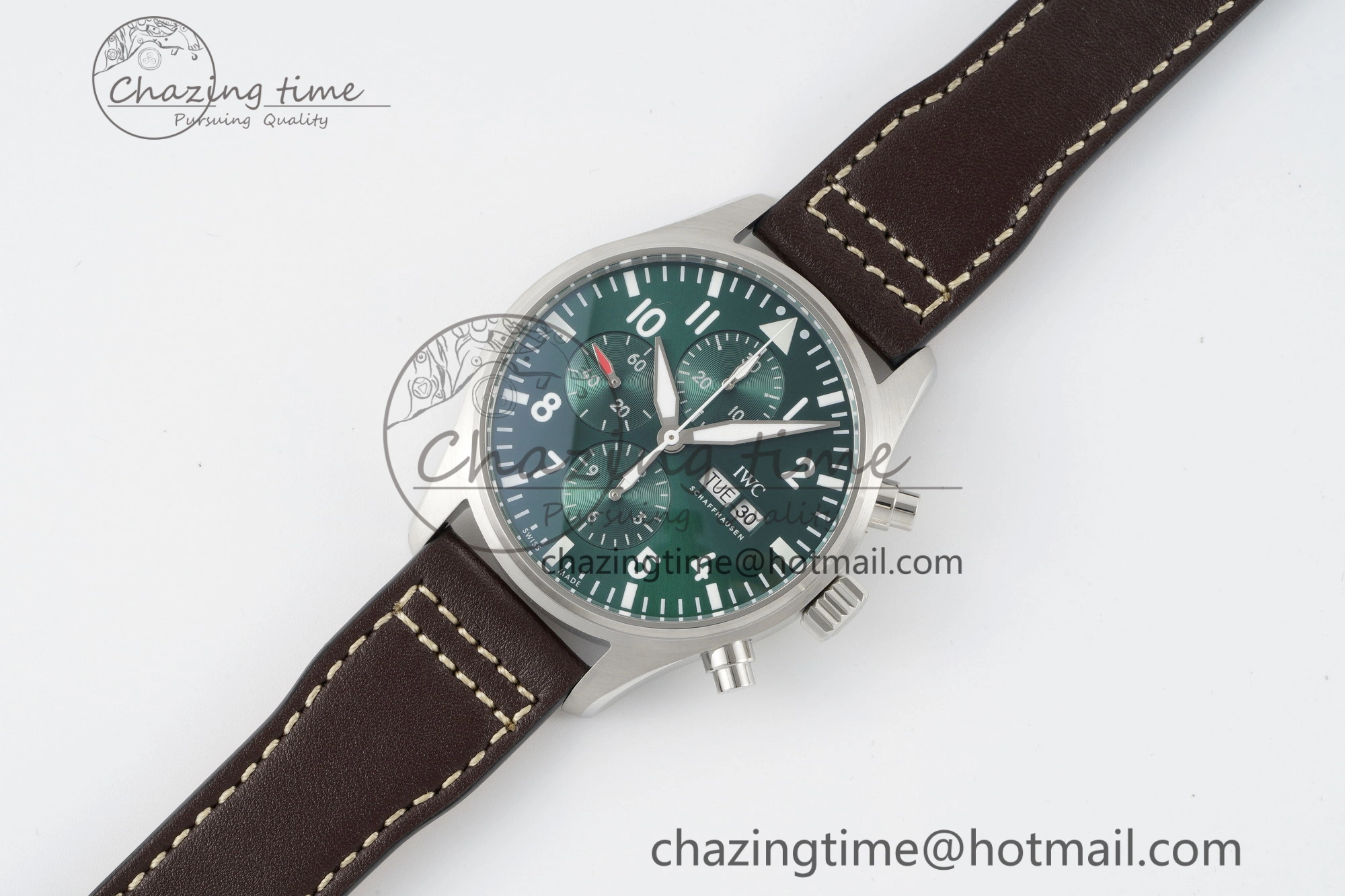 Pilot Chrono SS AZF 1:1 Best Edition Green Dial on Brown Leather Strap A7750
