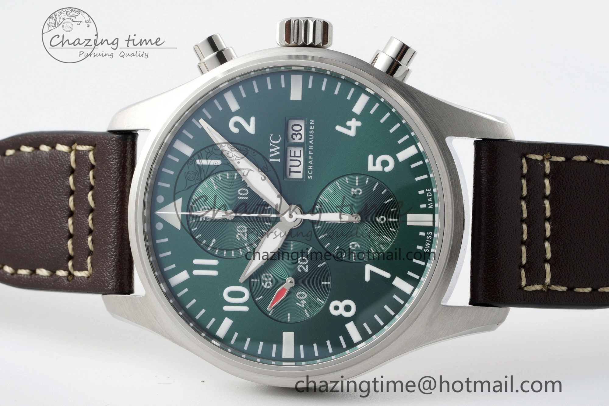 Pilot Chrono SS AZF 1:1 Best Edition Green Dial on Brown Leather Strap A7750