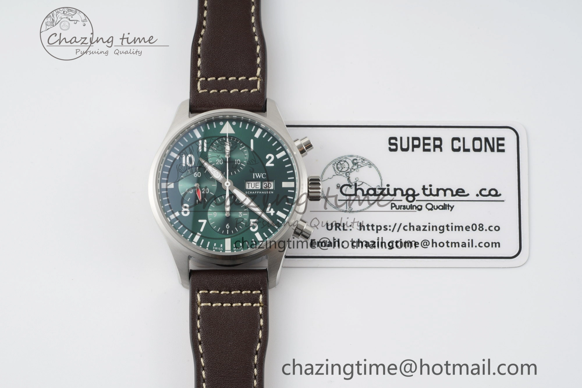 Pilot Chrono SS AZF 1:1 Best Edition Green Dial on Brown Leather Strap A7750