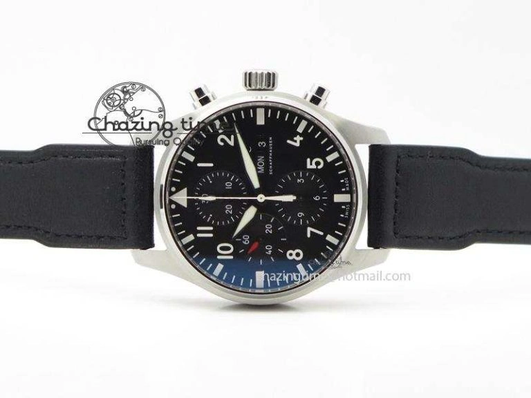 Pilot Chrono SS IW377709 ZF Best Edition Black Dial On Black Leather Strap A7750