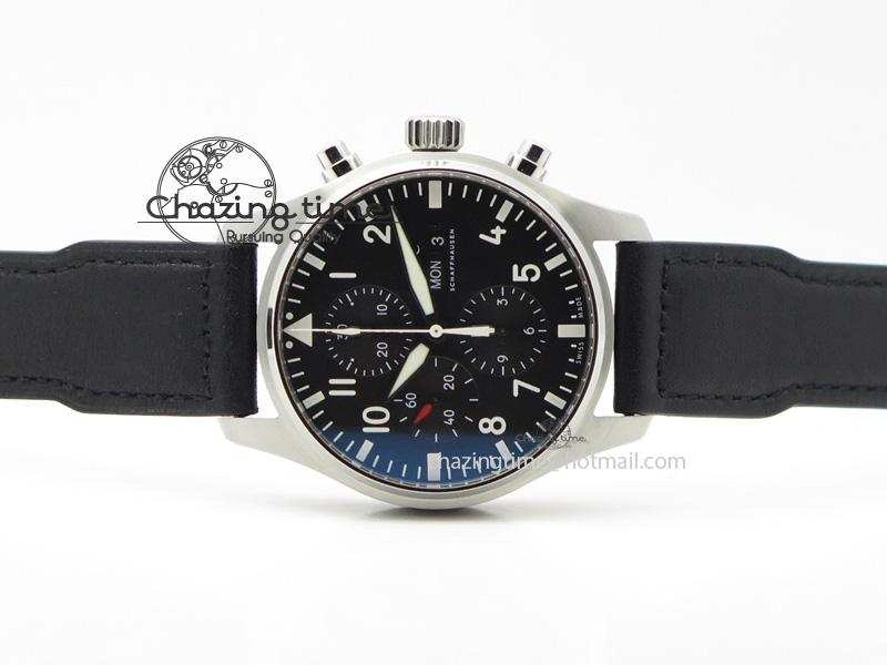 Pilot Chrono SS IW377709 ZF Best Edition Black Dial On Black Leather Strap A7750