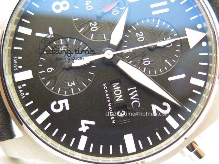 Pilot Chrono SS IW377709 ZF Best Edition Black Dial On Black Leather Strap A7750
