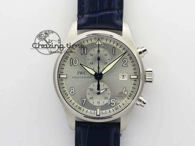 Pilot Chrono SS IW387809 ZF 1:1 Best Edition Silver Dial Blue Numbers On Blue Leather Strap A7750