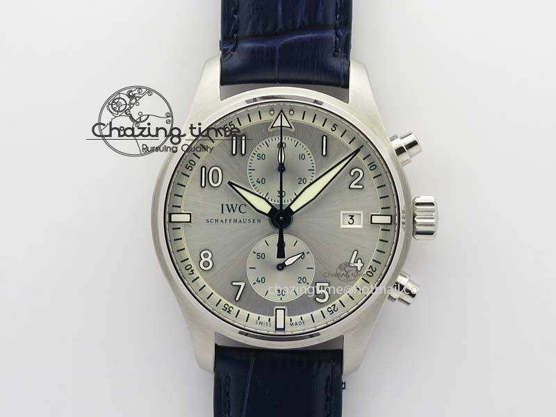 Pilot Chrono SS IW387809 ZF 1:1 Best Edition Silver Dial Blue Numbers On Blue Leather Strap A7750
