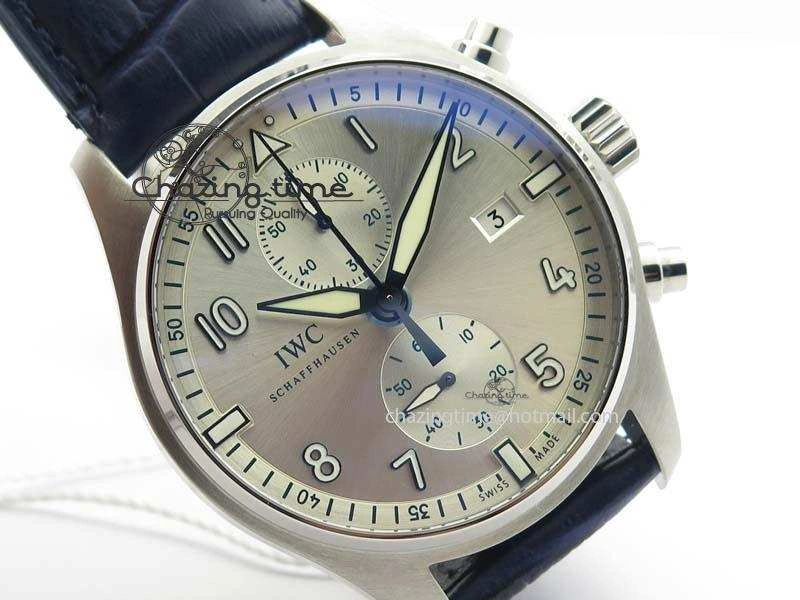 Pilot Chrono SS IW387809 ZF 1:1 Best Edition Silver Dial Blue Numbers On Blue Leather Strap A7750