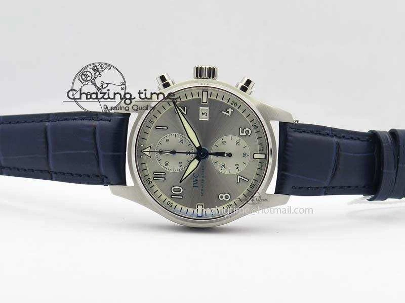 Pilot Chrono SS IW387809 ZF 1:1 Best Edition Silver Dial Blue Numbers On Blue Leather Strap A7750