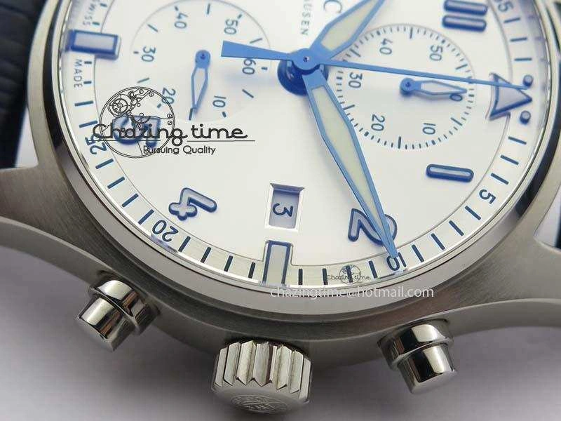 Pilot Chrono SS IW387809 ZF 1:1 Best Edition Silver Dial Blue Numbers On Blue Leather Strap A7750