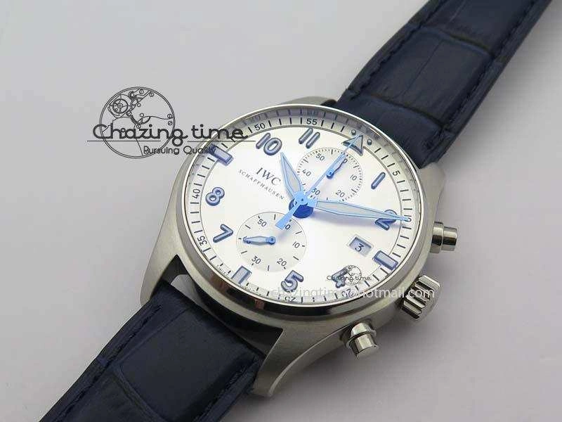 Pilot Chrono SS IW387809 ZF 1:1 Best Edition Silver Dial Blue Numbers On Blue Leather Strap A7750