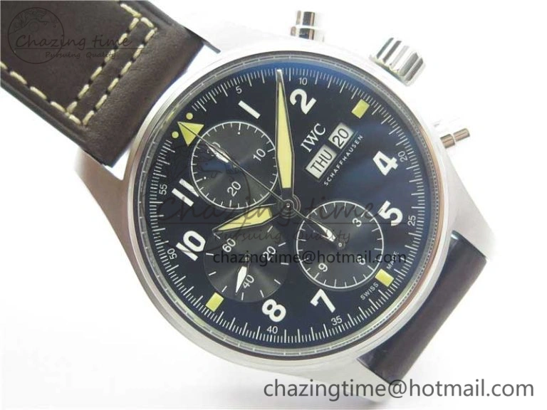 Pilot Chrono Spitfire IW387903 SS ZF 1:1 Best Edition Black Dial on Brown Leather Strap A7750
