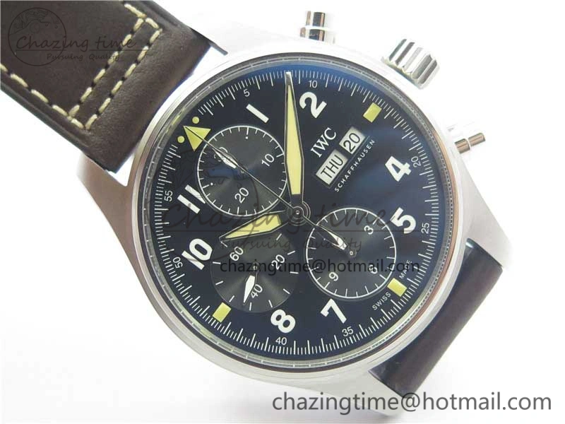 Pilot Chrono Spitfire IW387903 SS ZF 1:1 Best Edition Black Dial on Brown Leather Strap A7750