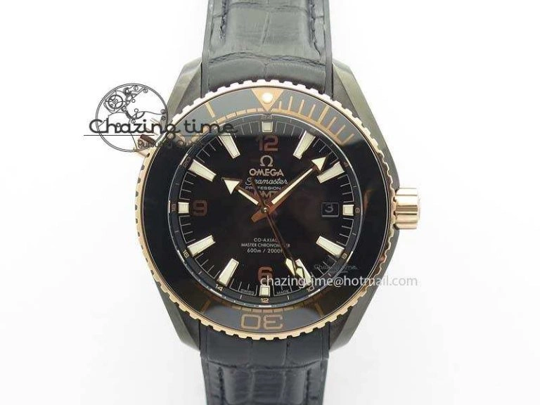 Planet Ocean 45mm GMT DLC RG JHF Best Edition Black Dial On Leather Strap A8906