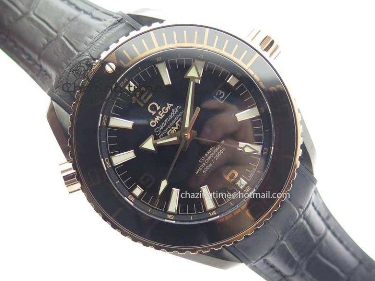 Planet Ocean 45mm GMT DLC RG JHF Best Edition Black Dial On Leather Strap A8906