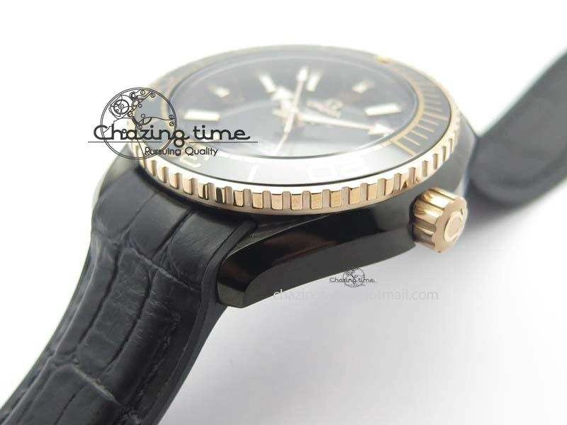 Planet Ocean 45mm GMT DLC RG JHF Best Edition Black Dial On Leather Strap A8906