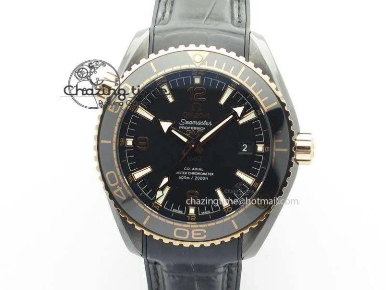 Planet Ocean 45mm Real Ceramic RG BP Best Edition Black Dial On Leather Strap A8906