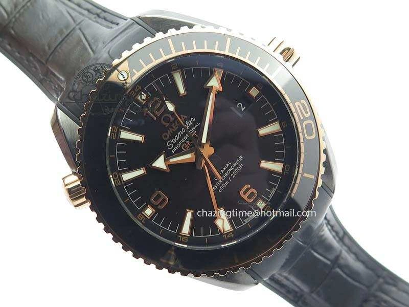Planet Ocean 45mm Real Ceramic RG BP Best Edition Black Dial On Leather Strap A8906