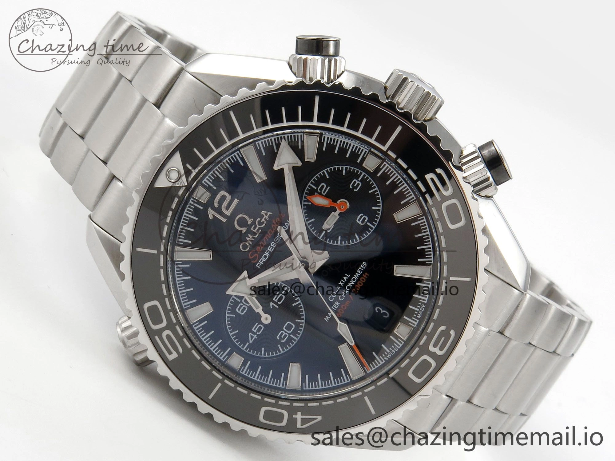 Planet Ocean 600M Chrono SS VRF 1:1 Best Edition Black Bezel Black Dial on SS Bracelet A9900