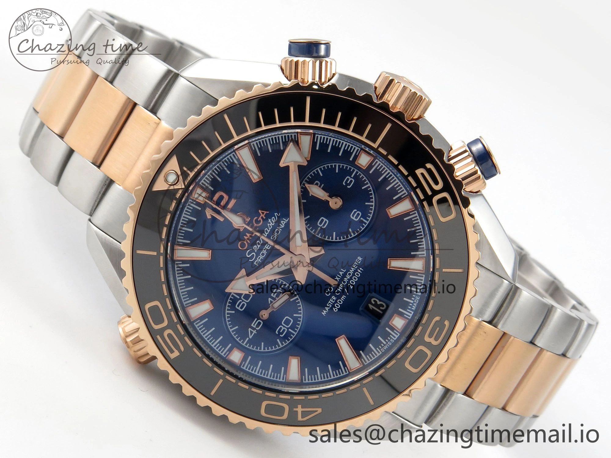 Planet Ocean 600M Chrono SS VRF 1:1 Best Edition Black Bezel Blue Dial on RG SS Bracelet A9900