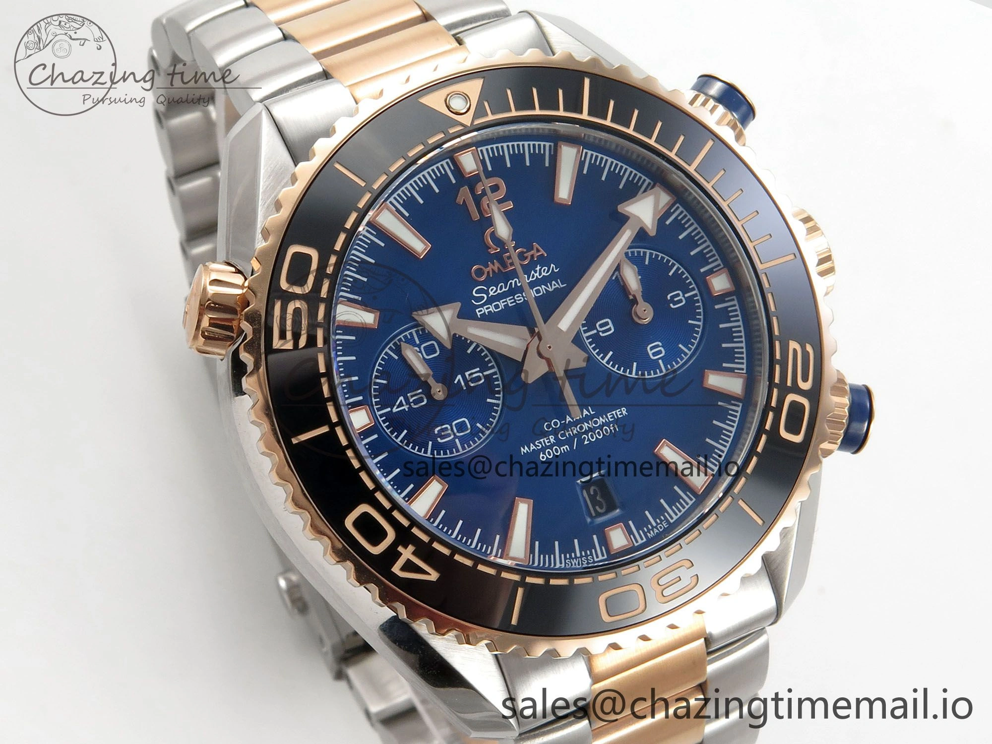 Planet Ocean 600M Chrono SS VRF 1:1 Best Edition Black Bezel Blue Dial on RG SS Bracelet A9900