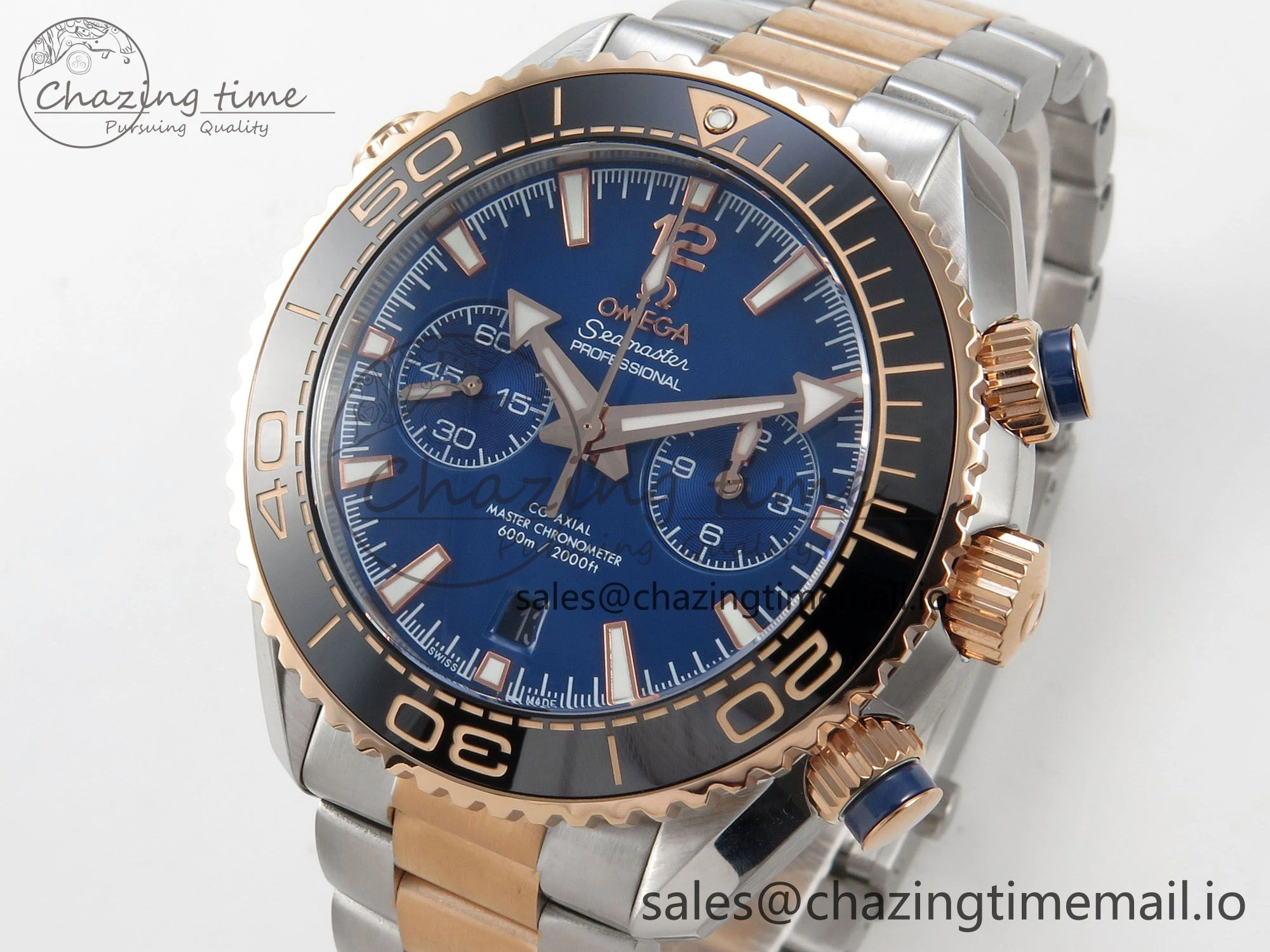 Planet Ocean 600M Chrono SS VRF 1:1 Best Edition Black Bezel Blue Dial on RG SS Bracelet A9900