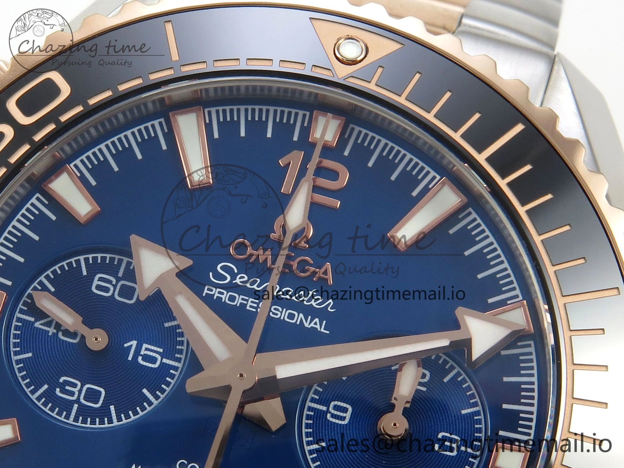 Planet Ocean 600M Chrono SS VRF 1:1 Best Edition Black Bezel Blue Dial on RG SS Bracelet A9900