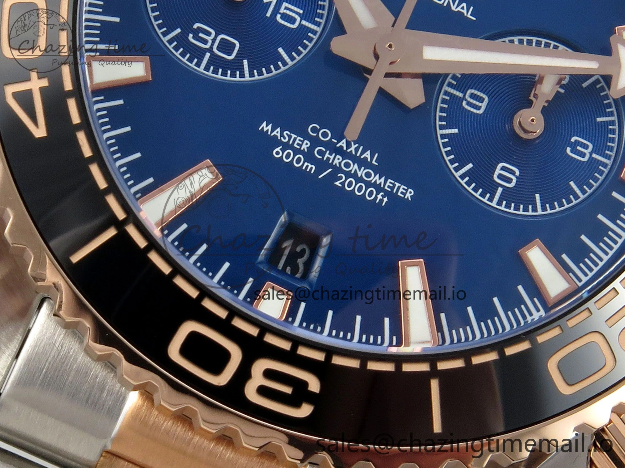 Planet Ocean 600M Chrono SS VRF 1:1 Best Edition Black Bezel Blue Dial on RG SS Bracelet A9900
