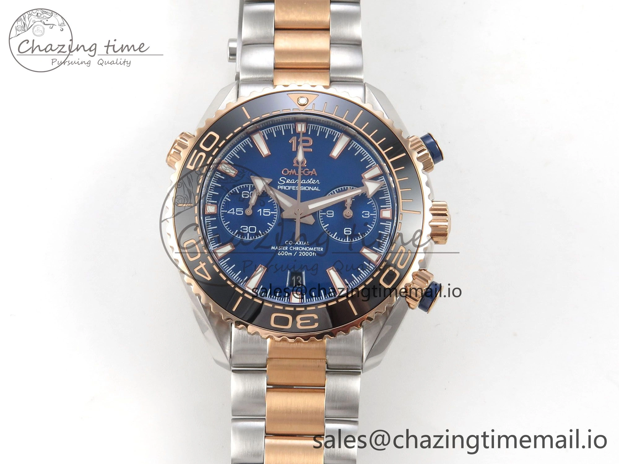 Planet Ocean 600M Chrono SS VRF 1:1 Best Edition Black Bezel Blue Dial on RG SS Bracelet A9900