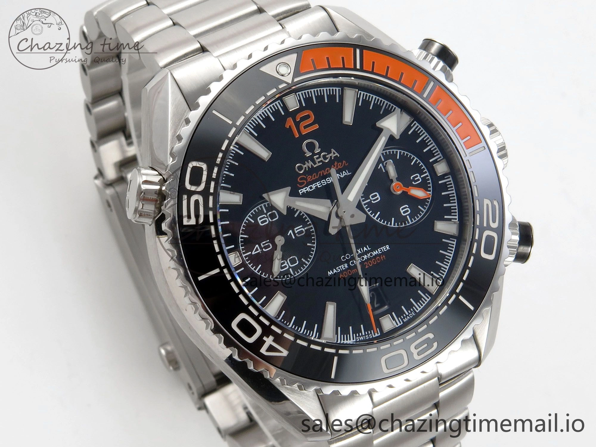 Planet Ocean 600M Chrono SS VRF 1:1 Best Edition Black Orange Bezel Black Dial on SS Bracelet A9900