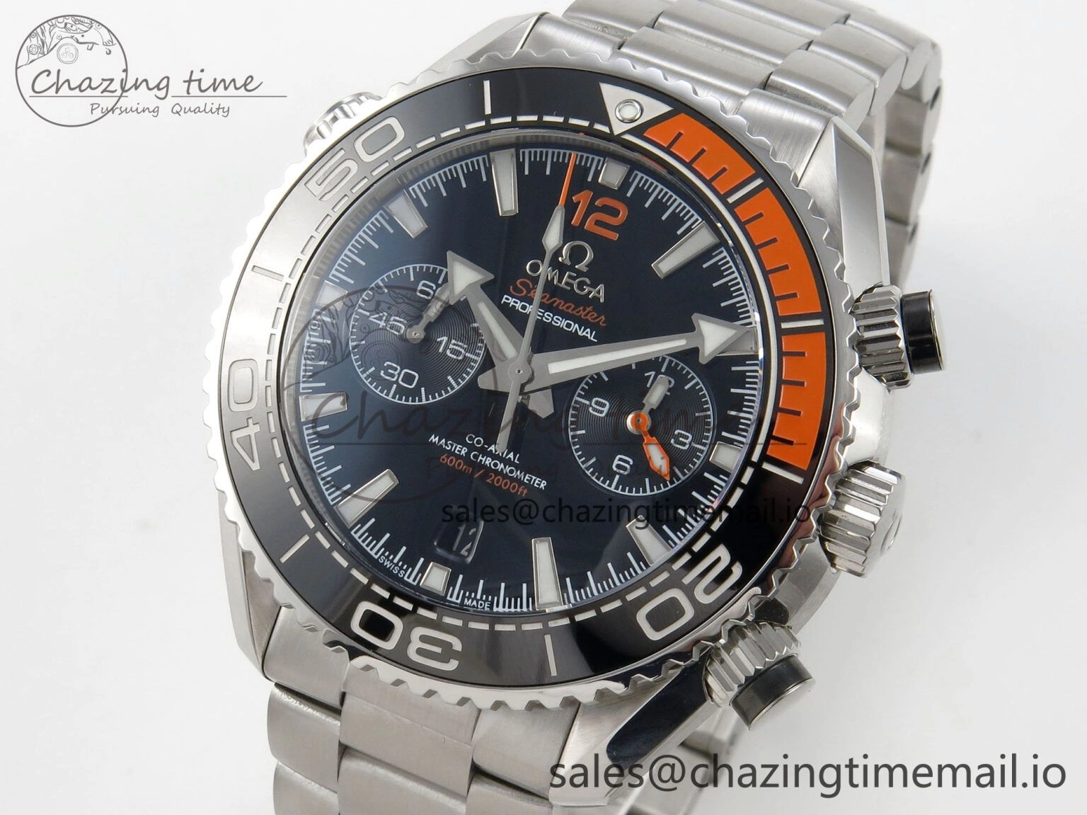 Planet Ocean 600M Chrono SS VRF 1:1 Best Edition Black Orange Bezel Black Dial on SS Bracelet A9900