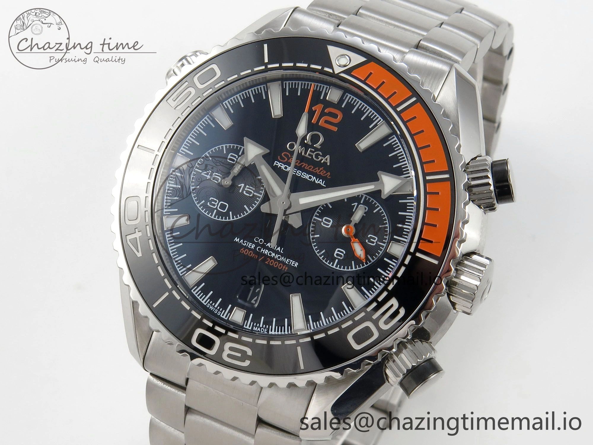 Planet Ocean 600M Chrono SS VRF 1:1 Best Edition Black Orange Bezel Black Dial on SS Bracelet A9900