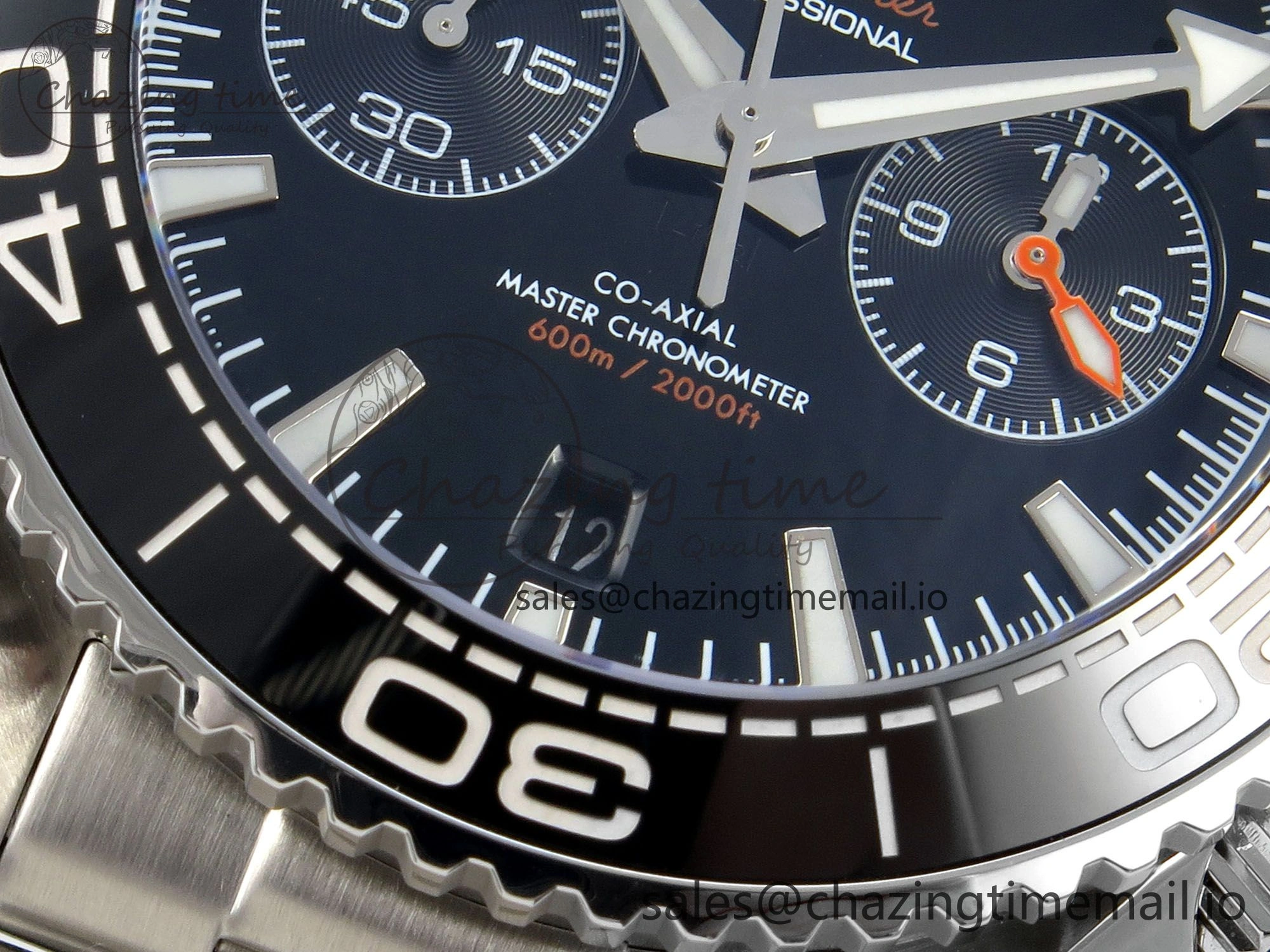 Planet Ocean 600M Chrono SS VRF 1:1 Best Edition Black Orange Bezel Black Dial on SS Bracelet A9900