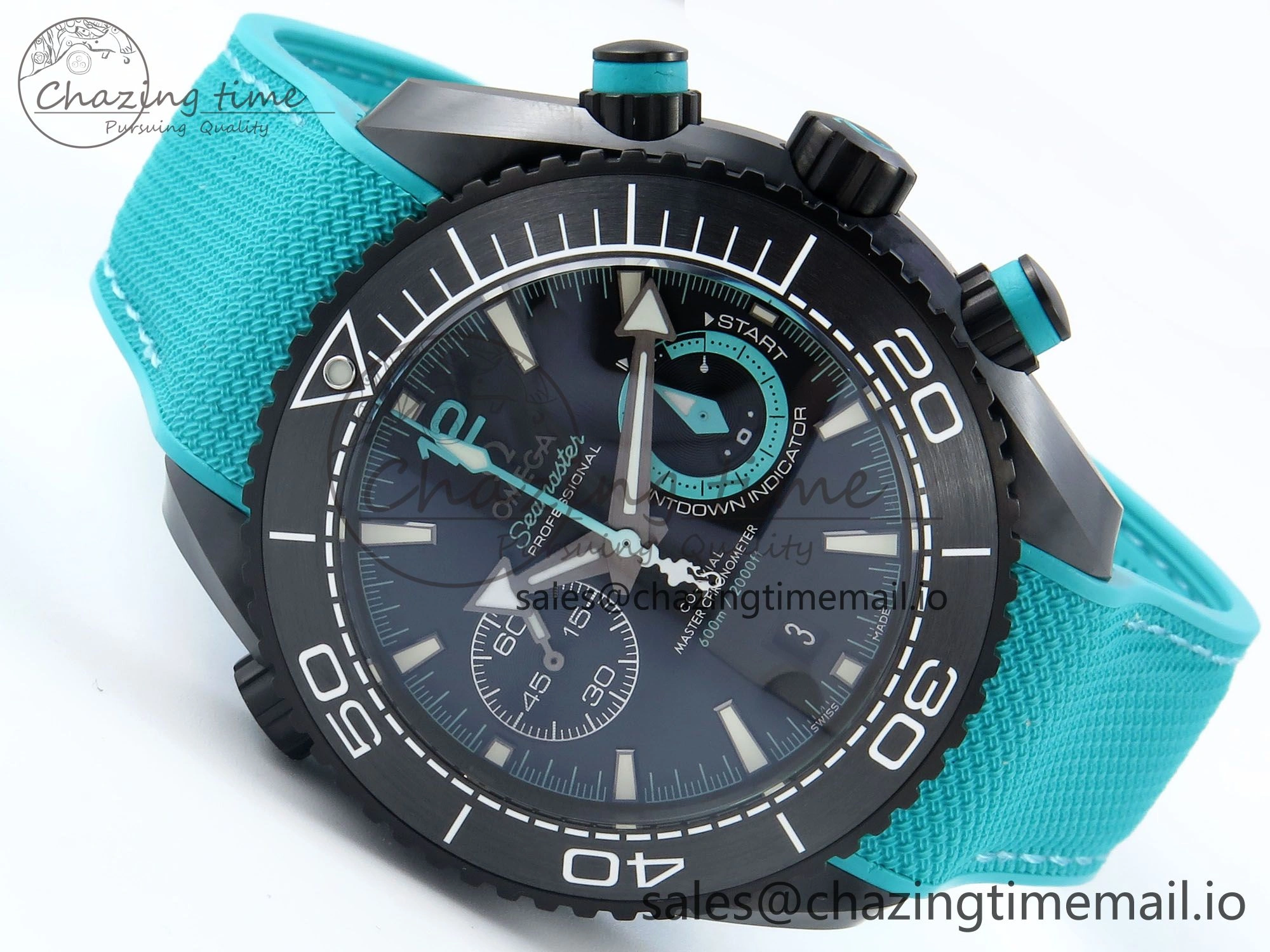 Planet Ocean Master Chronometer 600M 45.5mm SCF 1:1 Best Edition Black Dial on Tiffany Blue Rubber Strap A9900 Super Clone