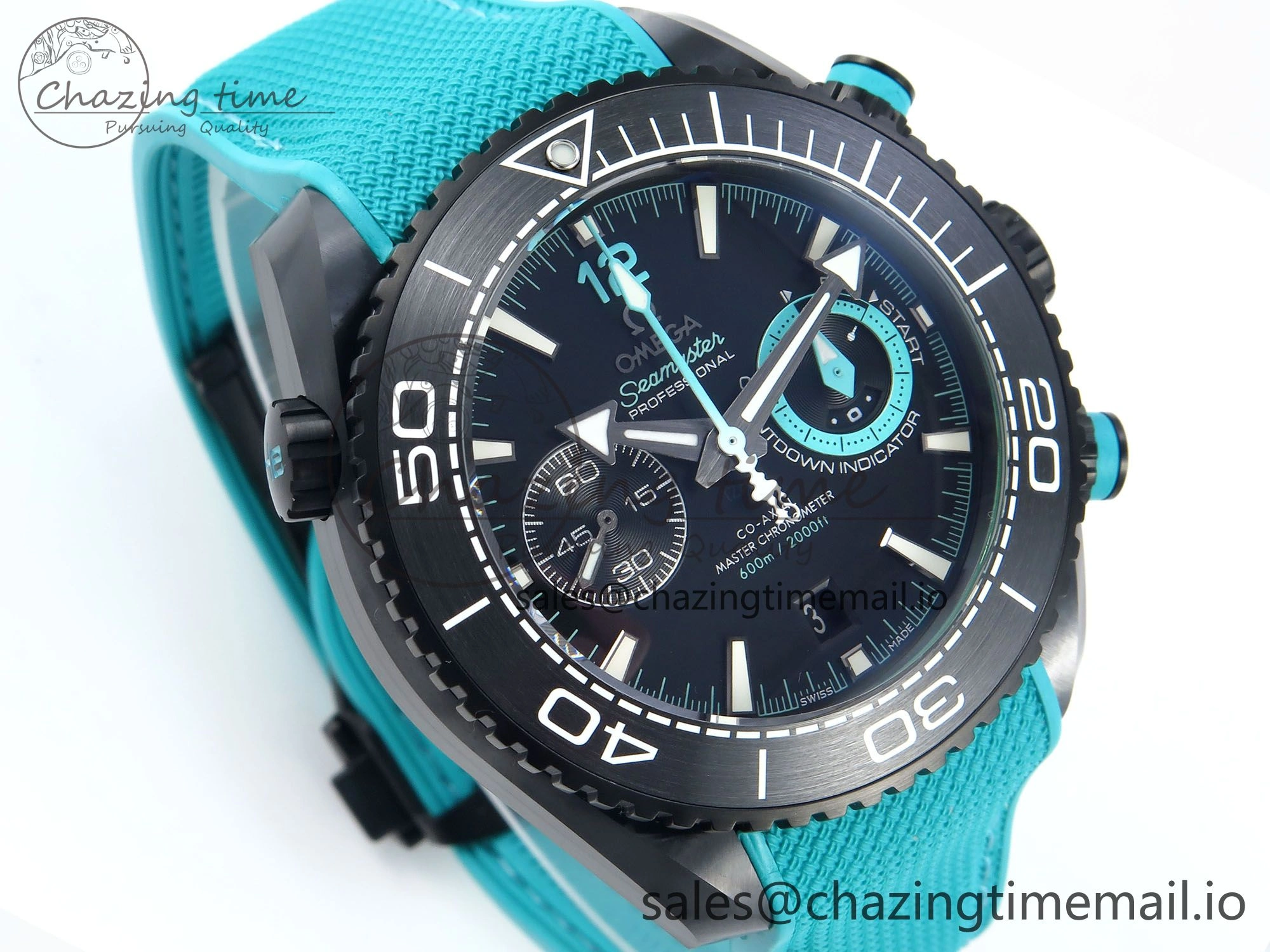 Planet Ocean Master Chronometer 600M 45.5mm SCF 1:1 Best Edition Black Dial on Tiffany Blue Rubber Strap A9900 Super Clone