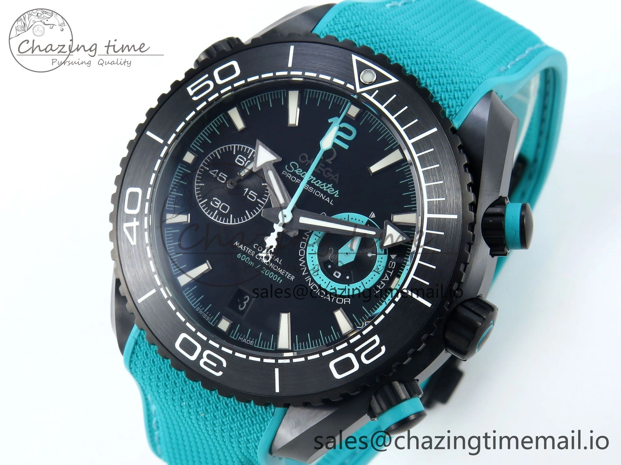 Planet Ocean Master Chronometer 600M 45.5mm SCF 1:1 Best Edition Black Dial on Tiffany Blue Rubber Strap A9900 Super Clone