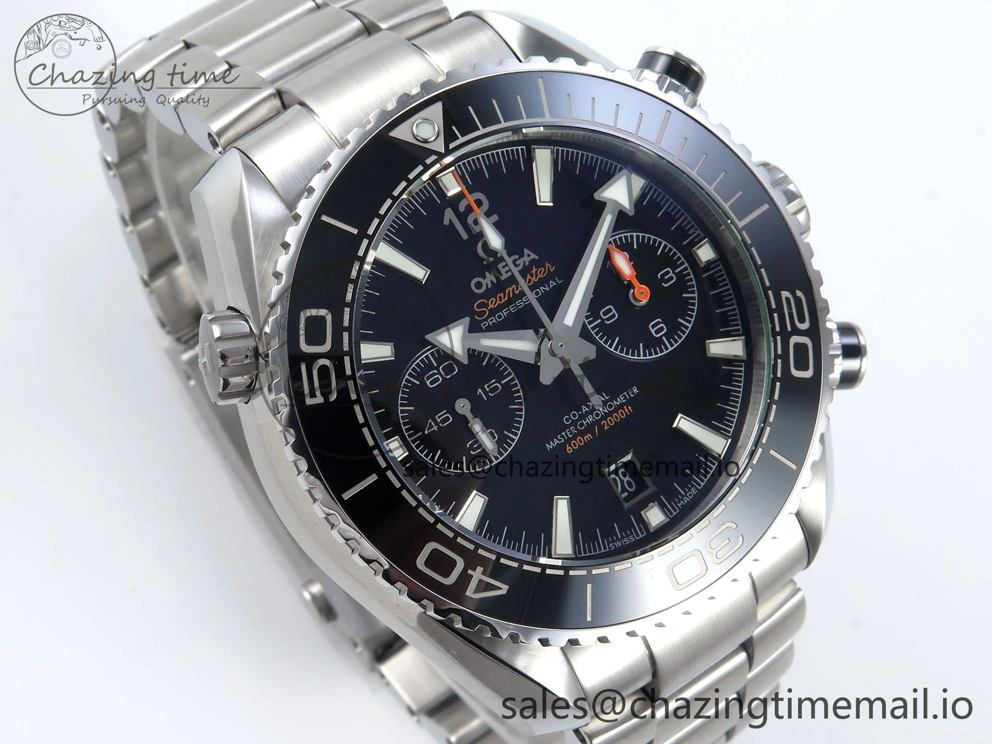 Planet Ocean Master Chronometer 600M 45.5mm SS SCF 1:1 Best Edition Black Bezel Black Dial on SS Bracelet A9900 Super Clone