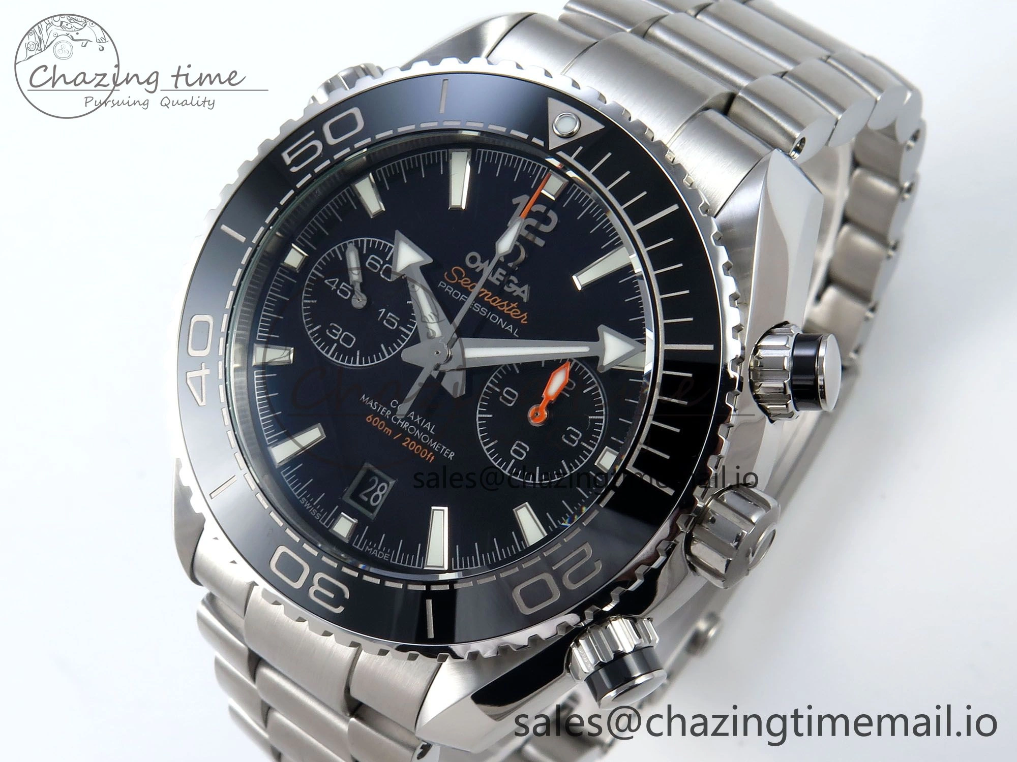 Planet Ocean Master Chronometer 600M 45.5mm SS SCF 1:1 Best Edition Black Bezel Black Dial on SS Bracelet A9900 Super Clone