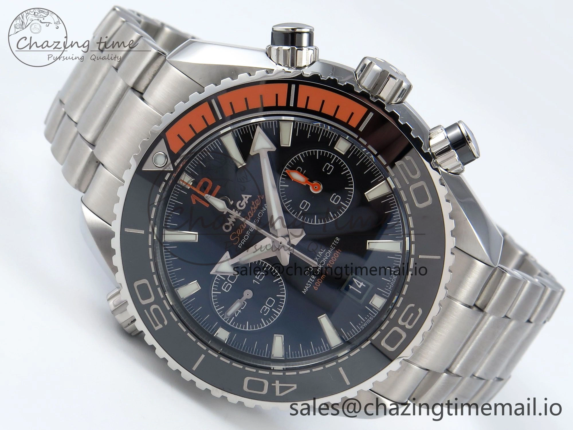 Planet Ocean Master Chronometer 600M 45.5mm SS SCF 1:1 Best Edition Black Orange Bezel Black Dial on SS Bracelet A9900 Super Clone