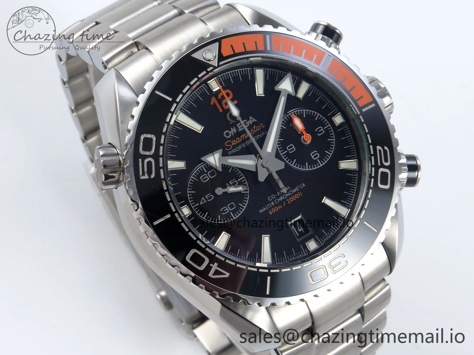 Planet Ocean Master Chronometer 600M 45.5mm SS SCF 1:1 Best Edition Black Orange Bezel Black Dial on SS Bracelet A9900 Super Clone