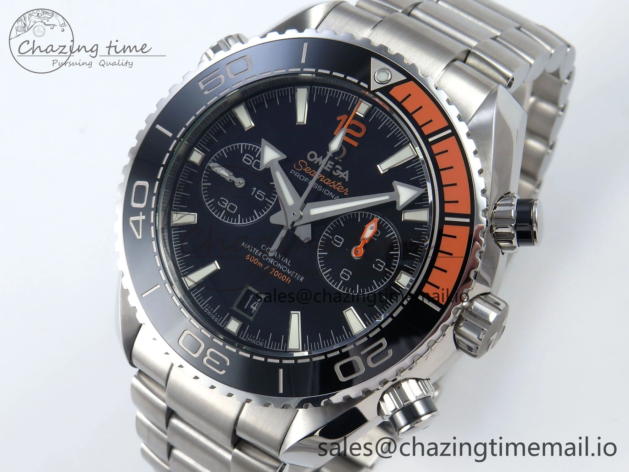 Planet Ocean Master Chronometer 600M 45.5mm SS SCF 1:1 Best Edition Black Orange Bezel Black Dial on SS Bracelet A9900 Super Clone