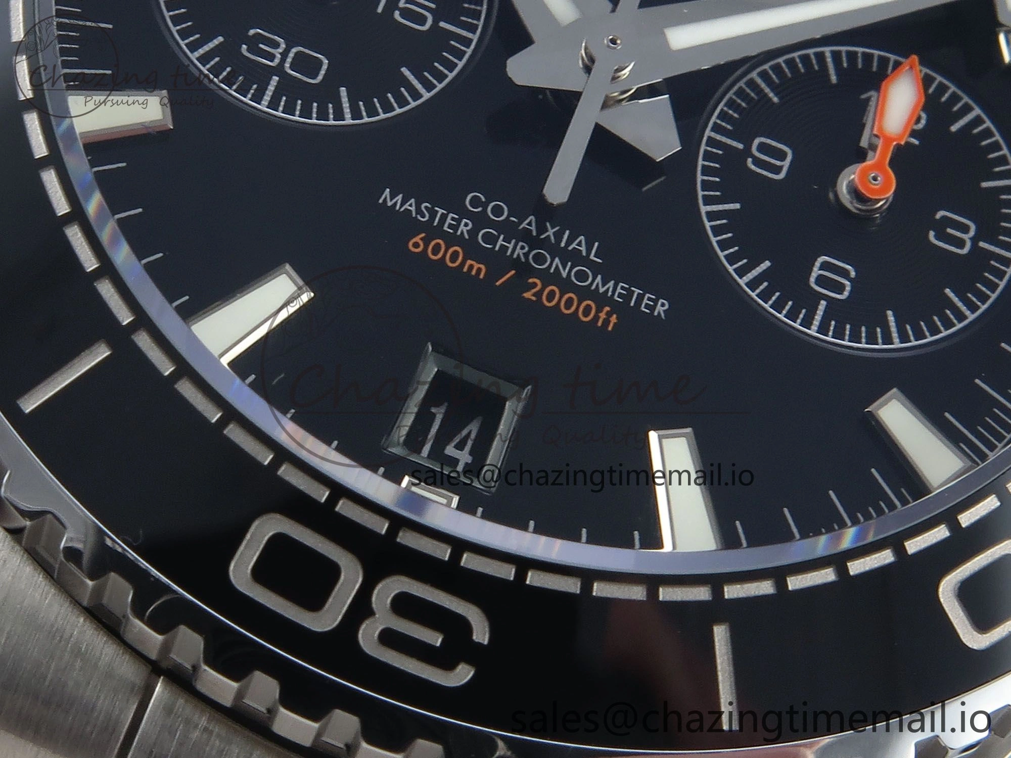 Planet Ocean Master Chronometer 600M 45.5mm SS SCF 1:1 Best Edition Black Orange Bezel Black Dial on SS Bracelet A9900 Super Clone