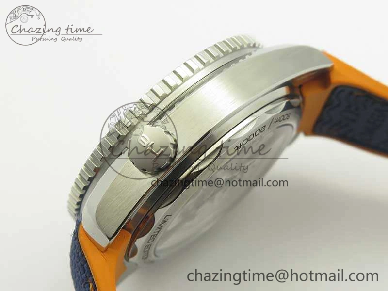 Planet Ocean Master Chronometer OMF SS Blue Orange Bezel White Dial On Nylon Strap A9900 (Black Balance Wheel) V2