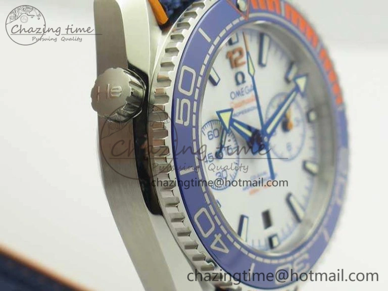 Planet Ocean Master Chronometer OMF SS Blue Orange Bezel White Dial On Nylon Strap A9900 (Black Balance Wheel) V2