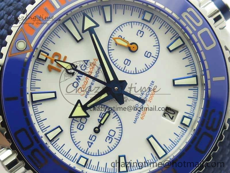 Planet Ocean Master Chronometer OMF SS Blue Orange Bezel White Dial On Nylon Strap A9900 (Black Balance Wheel) V2