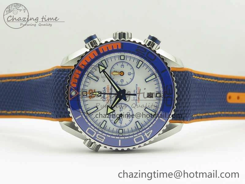 Planet Ocean Master Chronometer OMF SS Blue Orange Bezel White Dial On Nylon Strap A9900 (Black Balance Wheel) V2