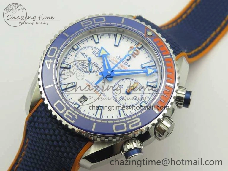 Planet Ocean Master Chronometer OMF SS Blue Orange Bezel White Dial On Nylon Strap A9900 (Black Balance Wheel) V2