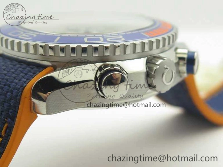 Planet Ocean Master Chronometer OMF SS Blue Orange Bezel White Dial On Nylon Strap A9900 (Black Balance Wheel) V2