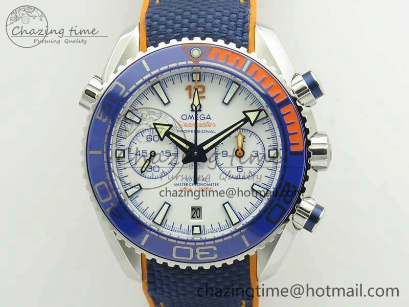 Planet Ocean Master Chronometer OMF SS Blue Orange Bezel White Dial On Nylon Strap A9900 (Black Balance Wheel) V2