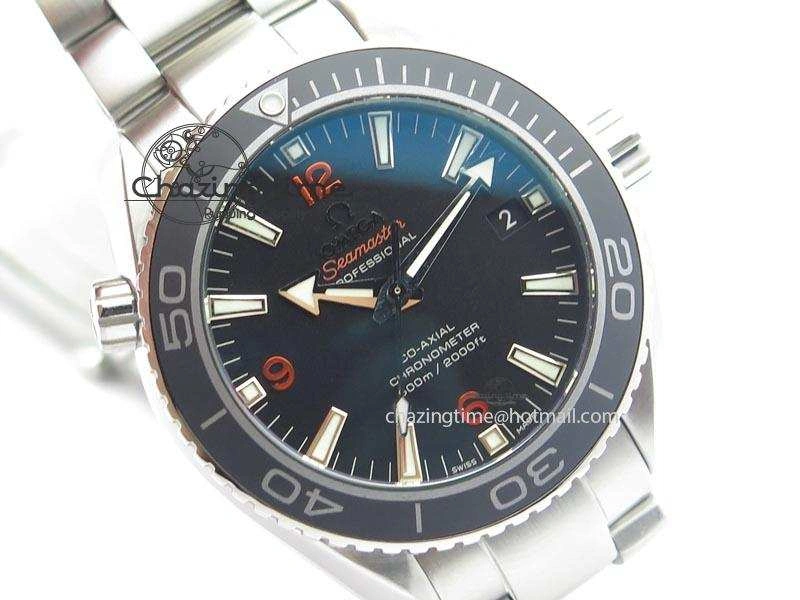 Planet Ocean SS Bp Maker 45mm Black Bezel Orange Numbers On SS Bracelet A8500